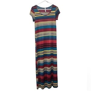 Vintage Mi Manchi Retro Rainbow Stripe Short Sleeve‎ Y2K Maxi Dress Small Artsy